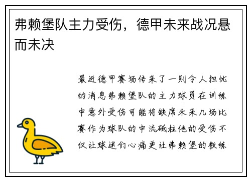 弗赖堡队主力受伤，德甲未来战况悬而未决